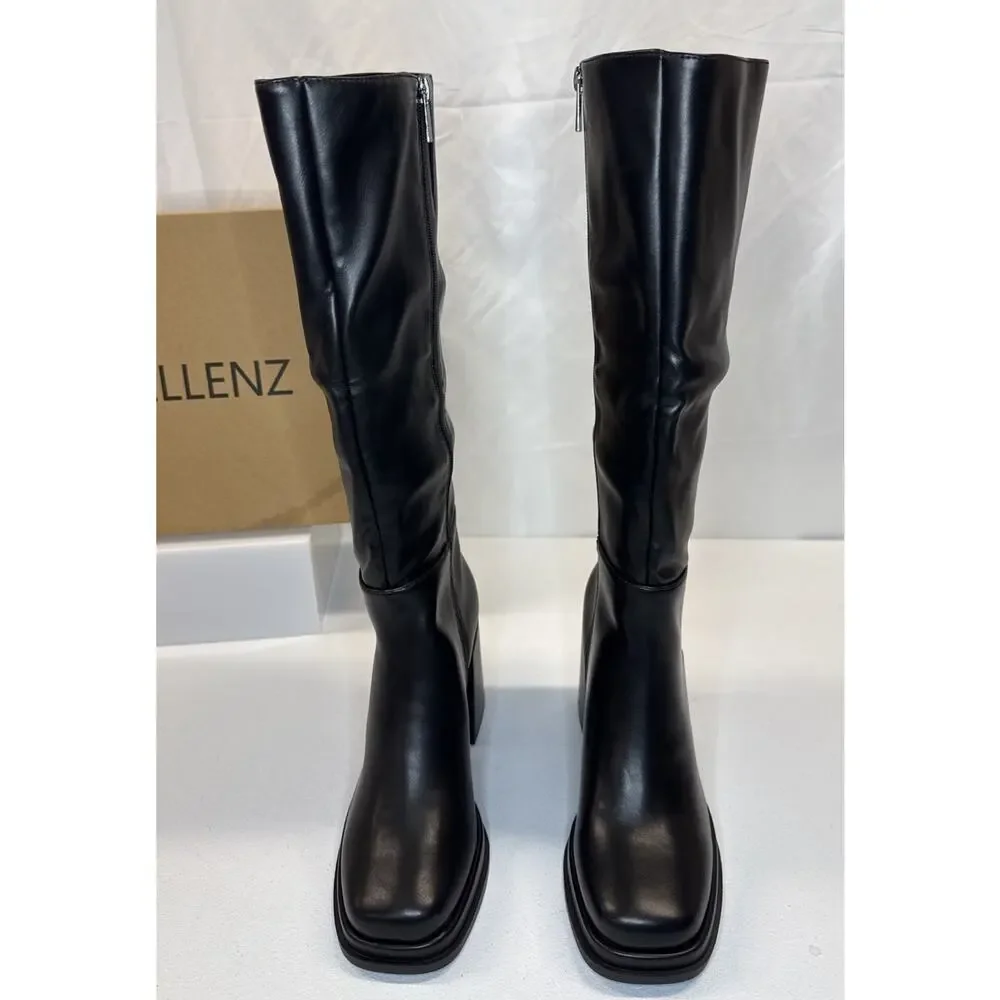 Cellenz Women Knee High Platform Boots Chunky Block Heel Square Toe Black Size 9